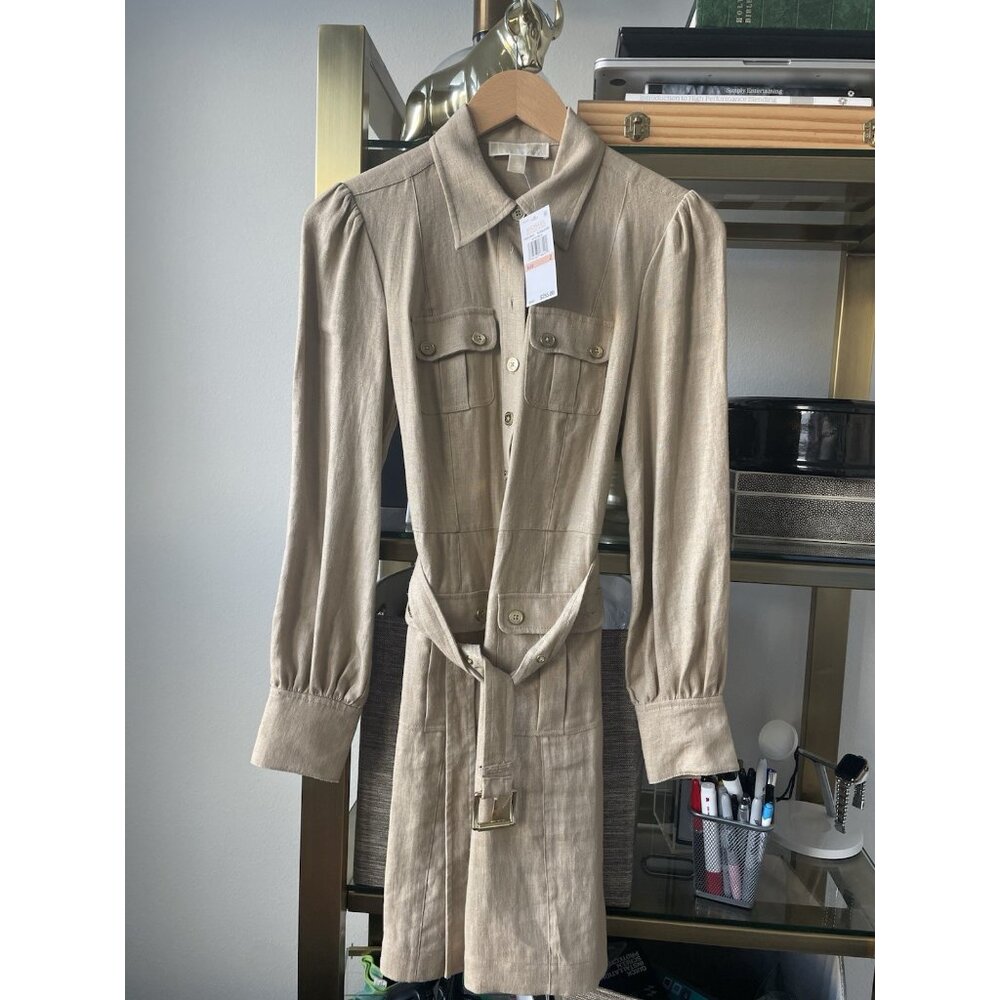 MICHAEL Michael Kors Tan Long Sleeve Linen Shirt Midi Dress Gold hardware Size 2